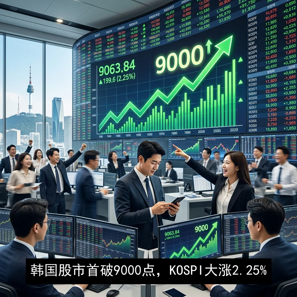韩国股市首破9000点，KOSPI大涨2.25%